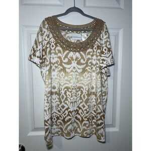Alfred Dunner Women’s Short Sleeve Crochet Beaded Neck Blouse Size Medium NWOT